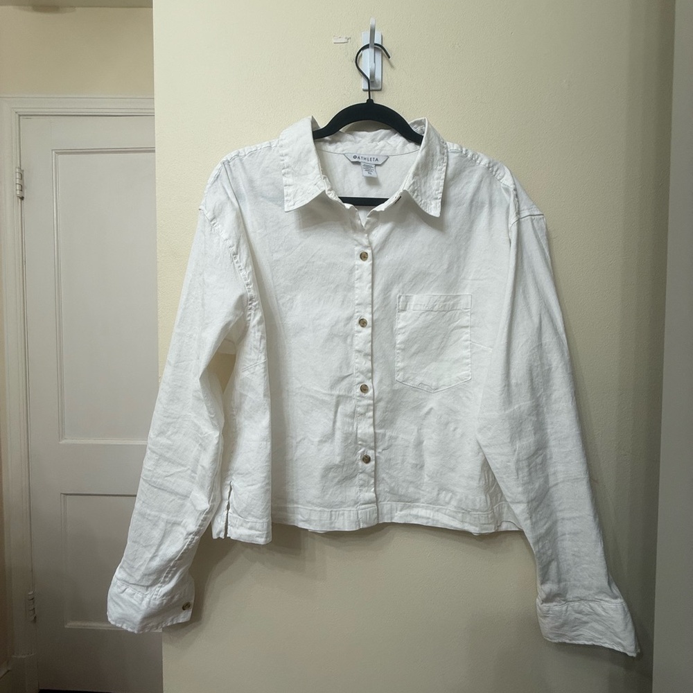 Athleta XL Linen Paradise Crop Button Down Shirt Jacket Athleisure Breezy Sporty
